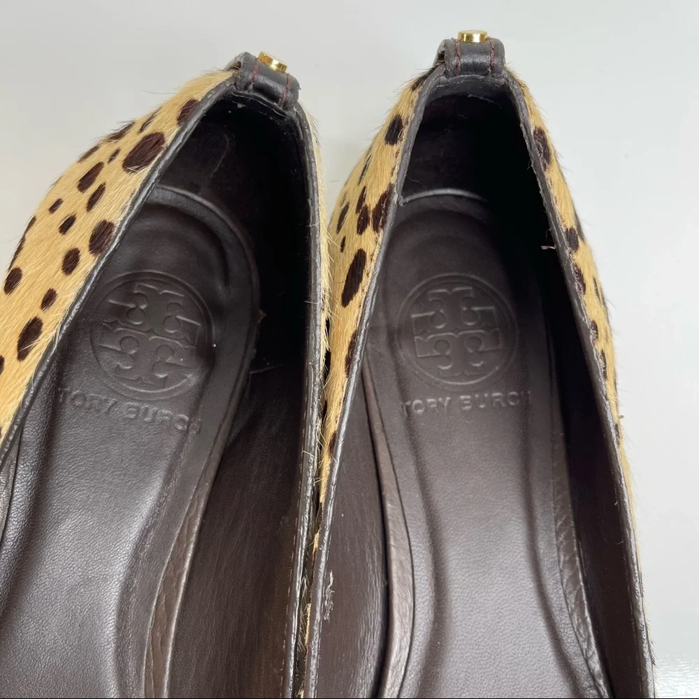 Tory Burch Priscilla Ballet Hair Calf Tumbled Leather Flat Cheetah Coconut Sz 8